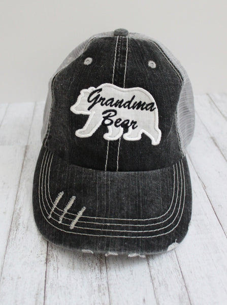 Mama or Grandma Bear Grey Distressed Trucker Hat - Forever Stitches