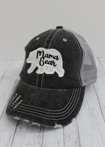 Mama or Grandma Bear Grey Distressed Trucker Hat - Forever Stitches