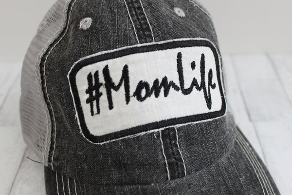Grey #MomLife Patch Distressed Trucker Hat - Forever Stitches