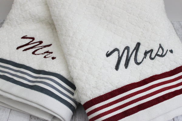 Mr. and Mrs. Bath Towels Set of 2 With or Without Color Band - Forever Stitches