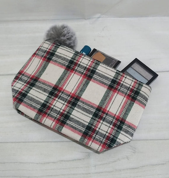 Plaid Pouch with Faux Fur PomPom - Forever Stitches