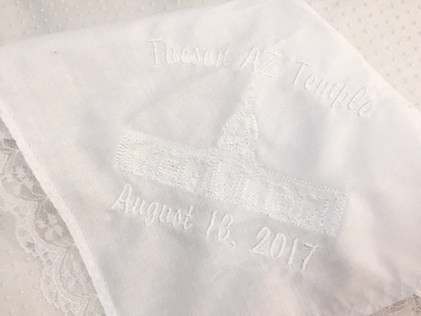 LDS Tucson Temple Men and Women Handkerchief  *lace edge sold out - Forever Stitches