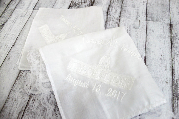 LDS Tucson Temple Men and Women Handkerchief  *lace edge sold out - Forever Stitches